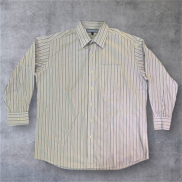 Tommy Hilfiger Shirt Mens Large White w/Brown Blue Striped Long Sleeve Button Up - Picture 1 of 9